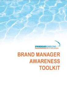 Toolkit Cover White Background with Blue Waves image on top below that Springboard Consulting Logo and below that the words Brand Manager Awareness Toolkit in orange color