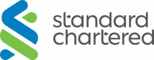 Blue and green symbol to the left with the words Standard (in grey lettering) and the word Chartered below (in grey lettering). All on a white background.