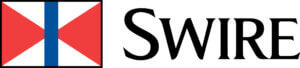 A red and blue symbol to the left made-up of one vertical blue line and two triangles one on each side of the vertical line pointing inwards towards the line, followed by the word Swire in black lettering