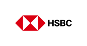 HSBC letters in black, preceded by a red hexagon with a white rectangle, divided diagonally, to produce a red hourglass shape.