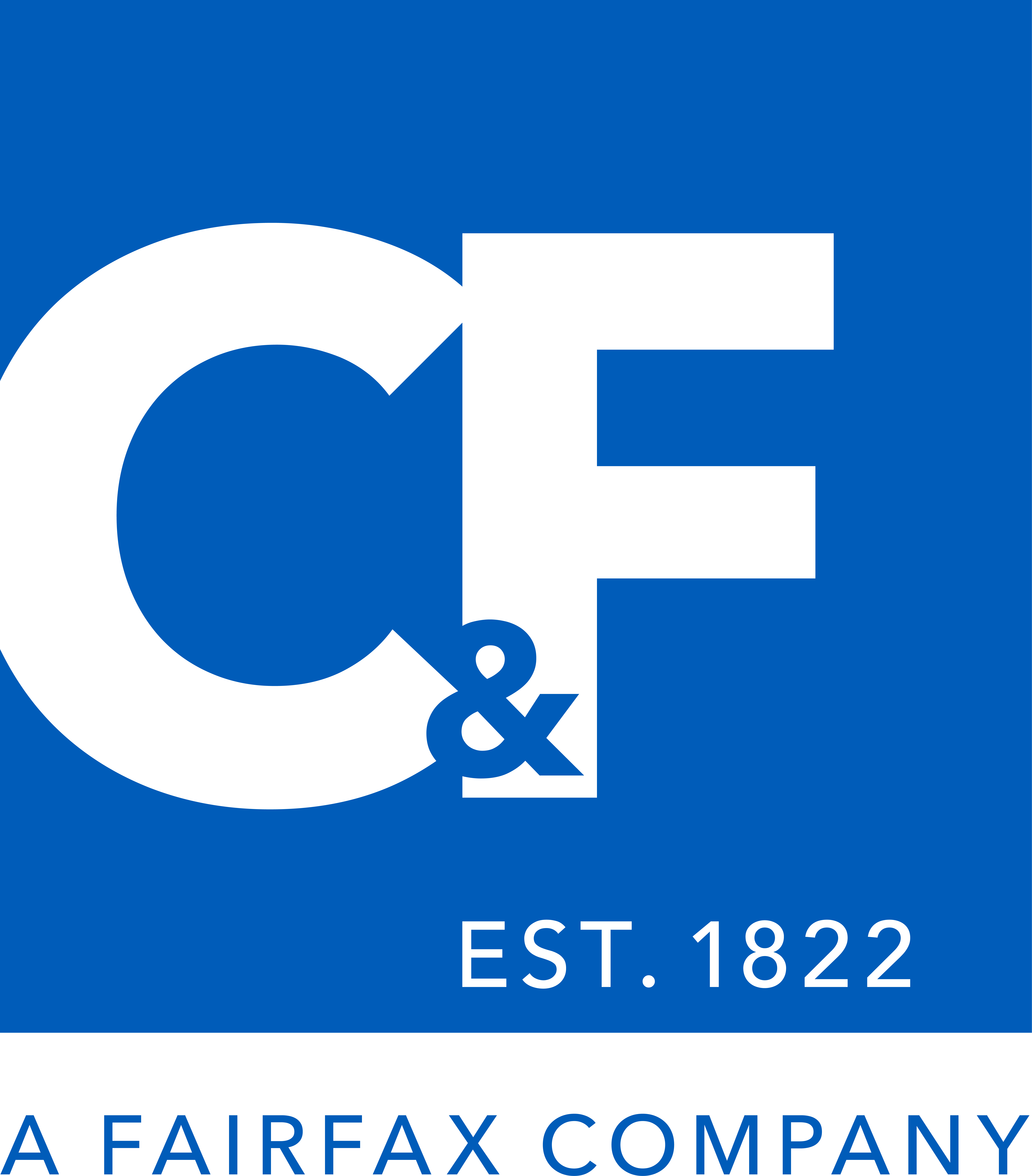 Crum & Forster logo blue square with C&F in white lettering and tagline says, "EST. 1822" in white lettering.