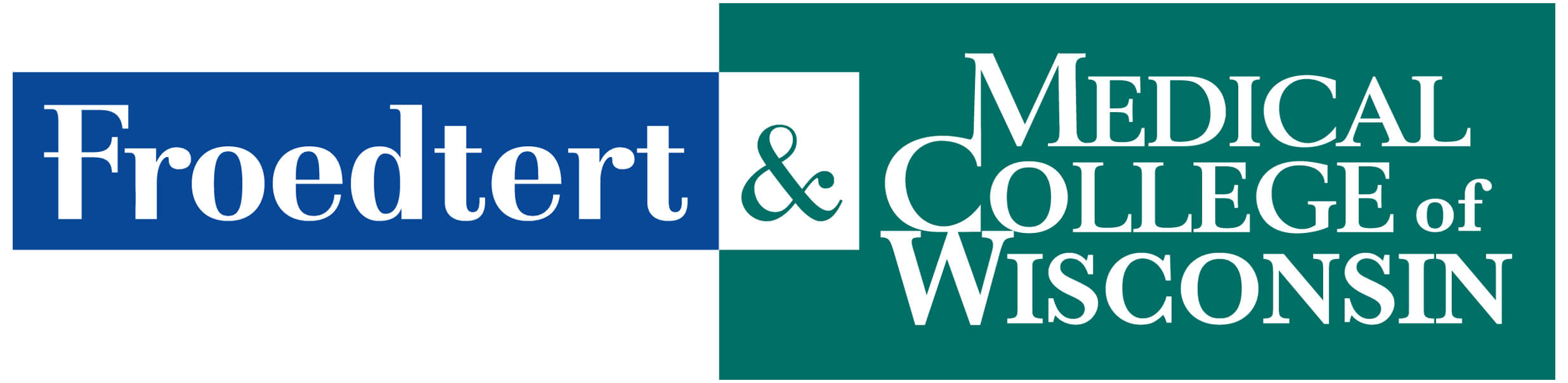 Froedtert Logo Rectangular Logo horizontal says Froedtert (white lettering on blue background) & The Medical College of Wisconsin (white lettering on a green background)