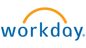Workday Logo. The word  Workday in blue lettering, with an orange arch spanning from the O to the A in  Workday.