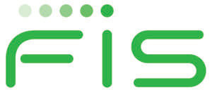 FIS in green lettering with five green dots above the letters flush-left in gradient green color from pale to matching green of the FIS letters