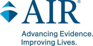 AIR in blue lettering with the taglines, Advancing Evidence. Improving Lives. One above the other and also in blue lettering.