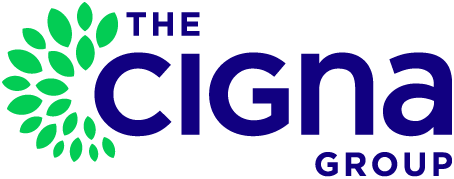The (top) Cigna (middle) Group (bottom) in blue lettering with green petals in a crescent shape on the leftside.