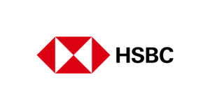 HSBC logo: A bold, red hexagon with black uppercase letters 'HSBC' to the right
