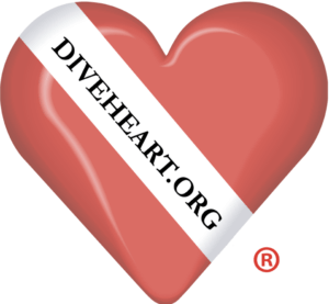 A Red Heart with a white sash which reads DIVEHEART.ORG in black lettering