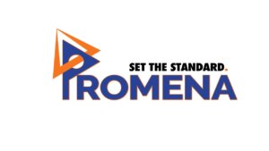 The word "Promena" in blue lettering with a tagline "Set the Standard"  in black lettering.